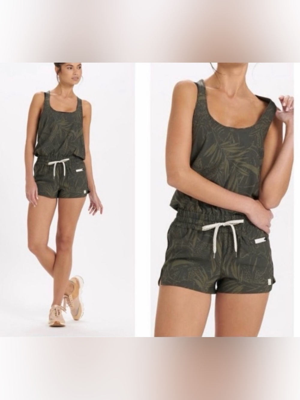 Vuori clementine romper Green Leaf Print Tank Romper with Drawstring Sz L